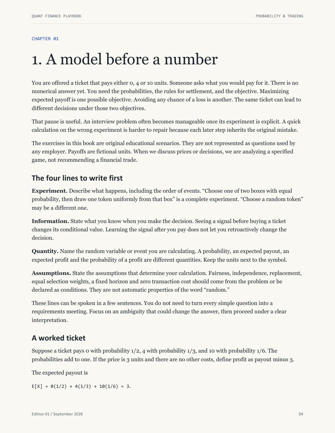 Actual sample page from Probability & Trading Interview Workbook