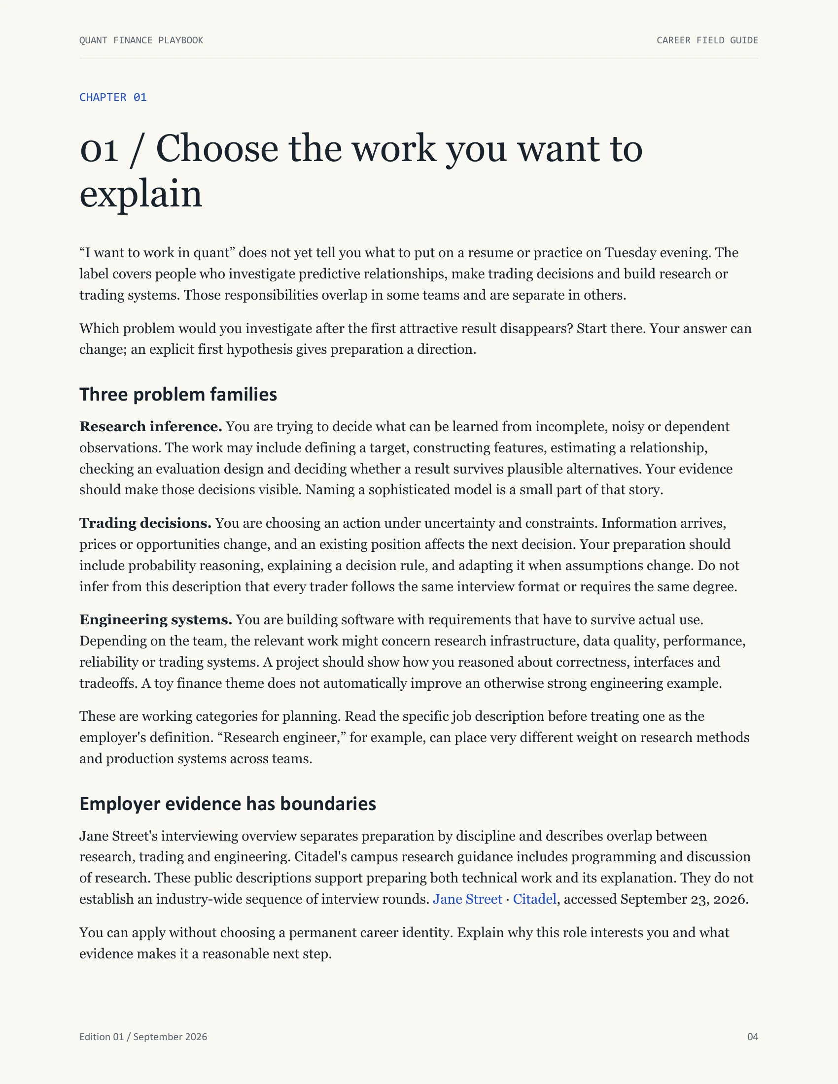 The Quant Career Field Guide, public preview page 4. Select Text view for the page content.